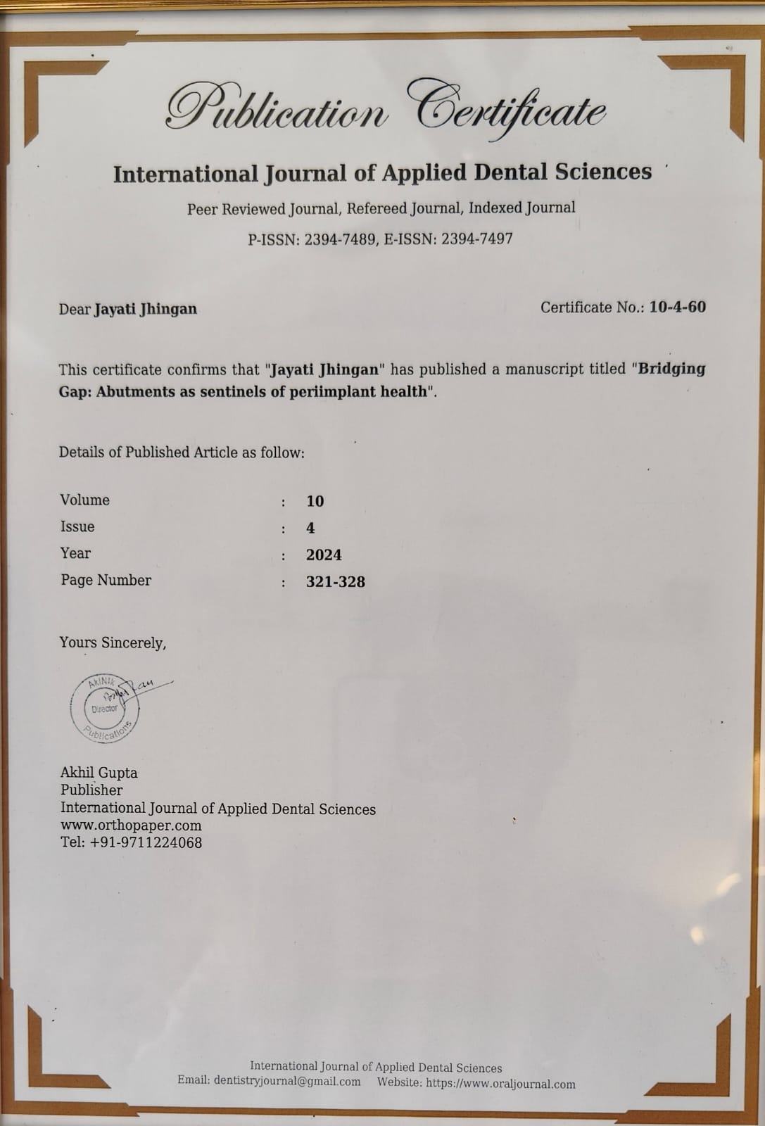 Orthopaper Publication Peri-Implant Health Research Delhi